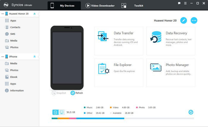  My Device interface of an Android and ios 13 iPhone on Syncios Manager