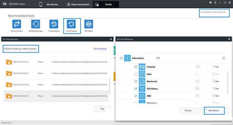  1-click recover data to Huawei Honor 20