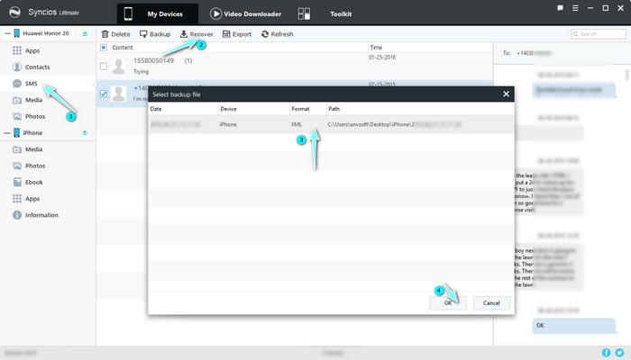 Syncios Mobile Manager recover messages to Huawei Honor 20 